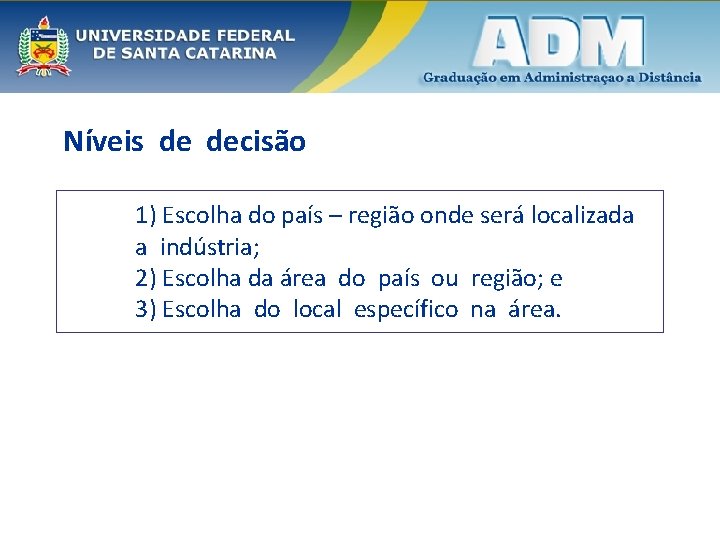 Níveis de decisão 1) Escolha do país – região onde será localizada a indústria;