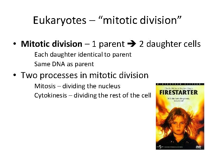 Eukaryotes – “mitotic division” • Mitotic division – 1 parent 2 daughter cells Each