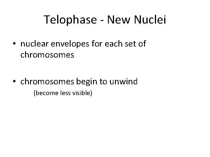 Telophase - New Nuclei • nuclear envelopes for each set of chromosomes • chromosomes