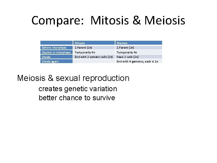 Compare: Mitosis & Meiosis Before Interphase Double in Interphase Divide again Mitosis 1 Parent