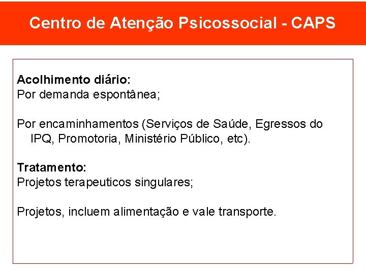 Centro de Atenção Psicossocial - CAPS Acolhimento diário: Por demanda espontânea; Por encaminhamentos (Serviços