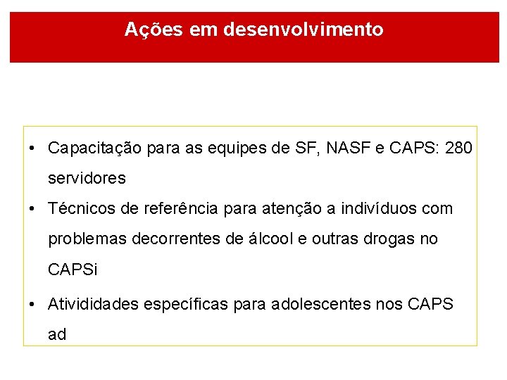 Ações em desenvolvimento • Capacitação para as equipes de SF, NASF e CAPS: 280