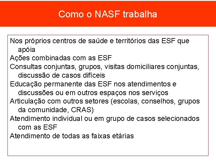 Como o NASF trabalha Nos próprios centros de saúde e territórios das ESF que