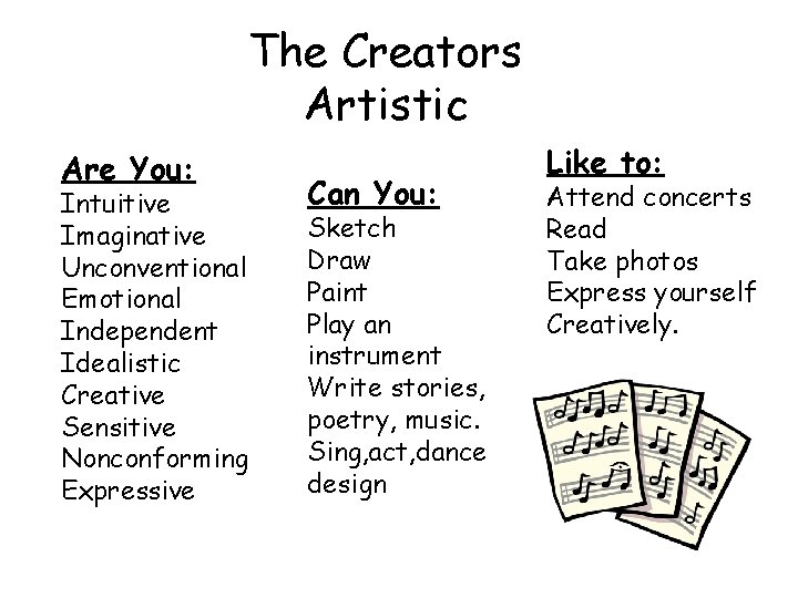 The Creators Artistic Are You: Intuitive Imaginative Unconventional Emotional Independent Idealistic Creative Sensitive Nonconforming The Creators Artistic Are You: Intuitive Imaginative Unconventional Emotional Independent Idealistic Creative Sensitive Nonconforming