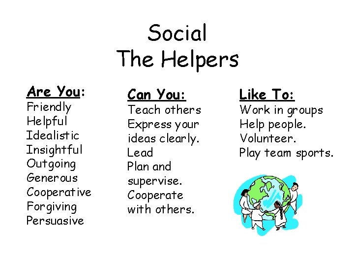 Social The Helpers Are You: Friendly Helpful Idealistic Insightful Outgoing Generous Cooperative Forgiving Persuasive Social The Helpers Are You: Friendly Helpful Idealistic Insightful Outgoing Generous Cooperative Forgiving Persuasive