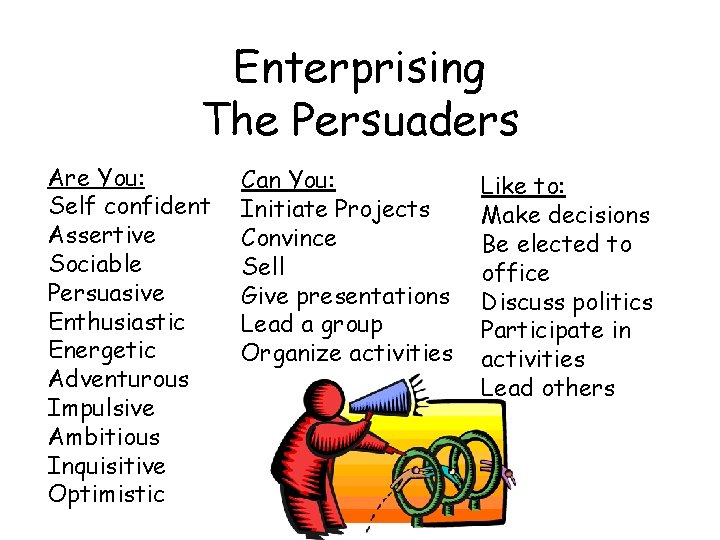 Enterprising The Persuaders Are You: Self confident Assertive Sociable Persuasive Enthusiastic Energetic Adventurous Impulsive Enterprising The Persuaders Are You: Self confident Assertive Sociable Persuasive Enthusiastic Energetic Adventurous Impulsive