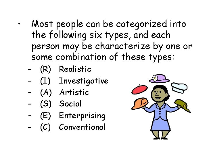 • Most people can be categorized into the following six types, and each • Most people can be categorized into the following six types, and each