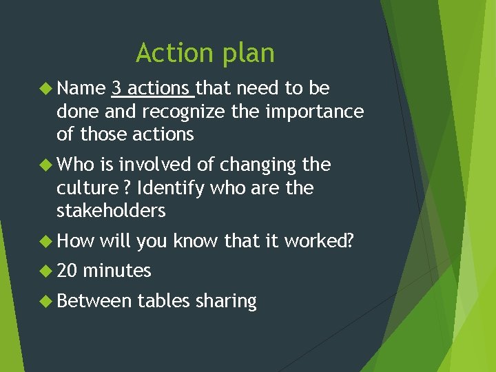 Action plan Name 3 actions that need to be done and recognize the importance
