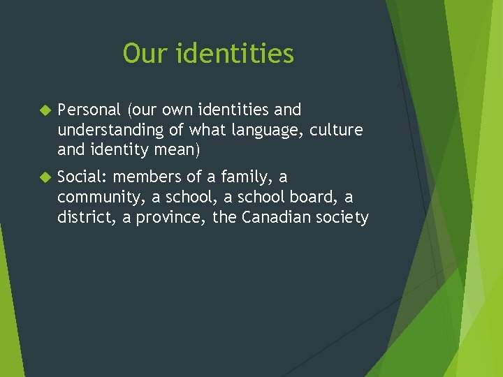 Our identities Personal (our own identities and understanding of what language, culture and identity