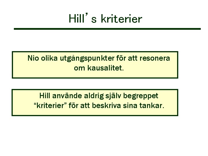 Hill’s kriterier Nio olika utgångspunkter för att resonera om kausalitet. Hill använde aldrig själv Hill’s kriterier Nio olika utgångspunkter för att resonera om kausalitet. Hill använde aldrig själv