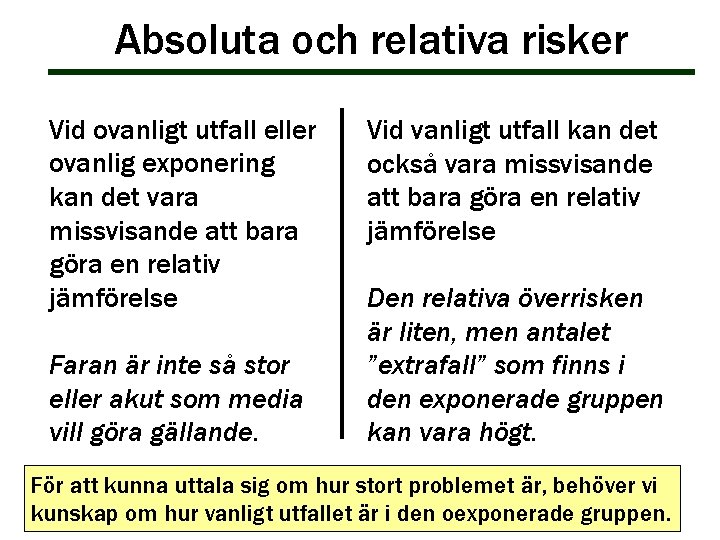 Absoluta och relativa risker Vid ovanligt utfall eller ovanlig exponering kan det vara missvisande