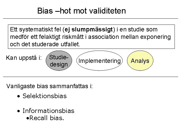 Bias –hot mot validiteten Ett systematiskt fel (ej slumpmässigt) i en studie som medför