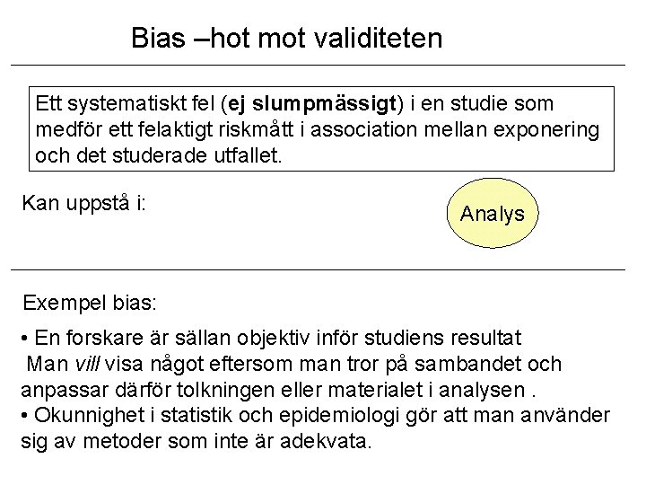 Bias –hot mot validiteten Ett systematiskt fel (ej slumpmässigt) i en studie som medför