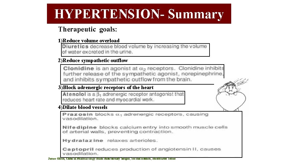 HYPERTENSION- Summary Therapeutic goals: 1)Reduce volume overload 2)Reduce sympathetic outflow 3)Block adrenergic receptors of