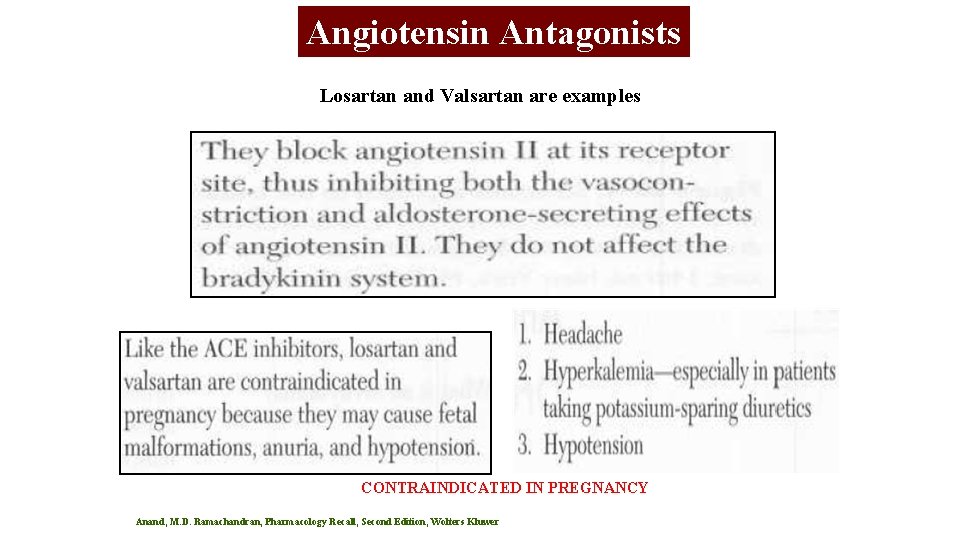 Angiotensin Antagonists Losartan and Valsartan are examples CONTRAINDICATED IN PREGNANCY Anand, M. D. Ramachandran,