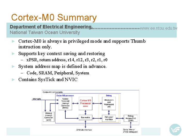 Cortex-M 0 Summary Department of Electrical Engineering, National Taiwan Ocean University www. ee. ntou.