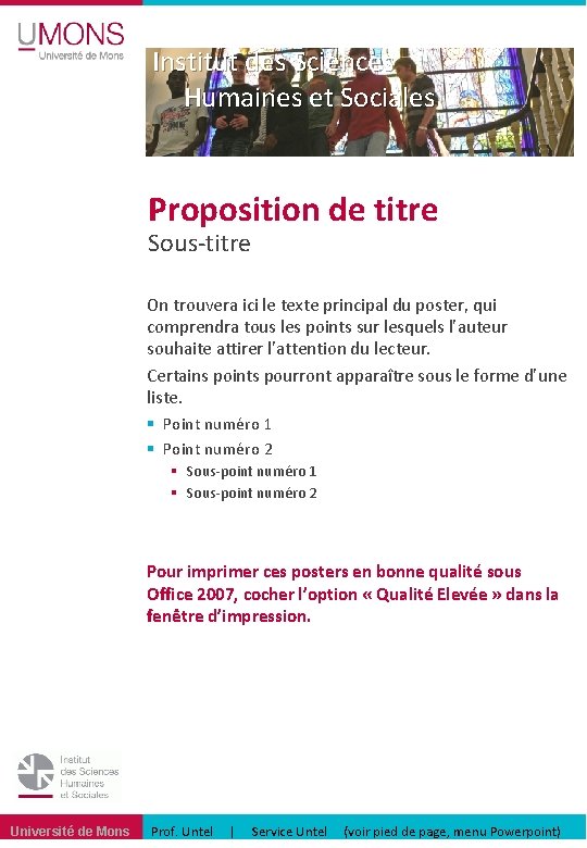 Institut des Sciences Humaines et Sociales Proposition de titre Sous-titre On trouvera ici le