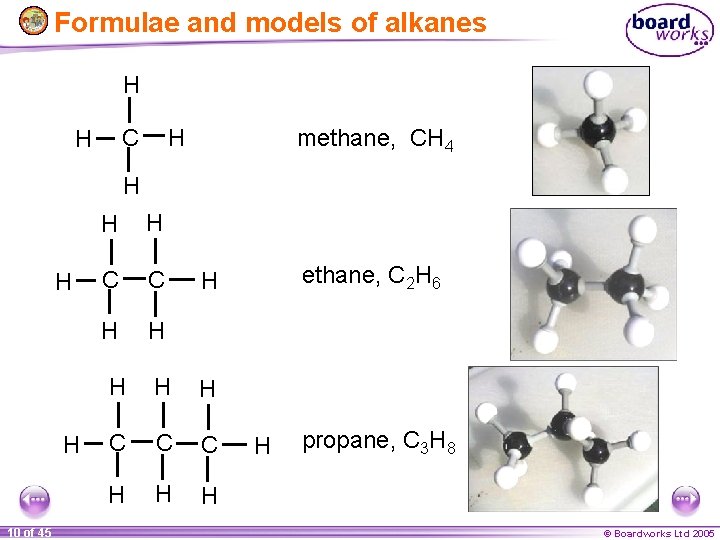 Formulae and models of alkanes H H C H methane, CH 4 H H