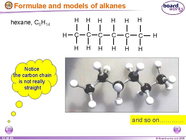 Formulae and models of alkanes hexane, C 6 H 14 H H H H