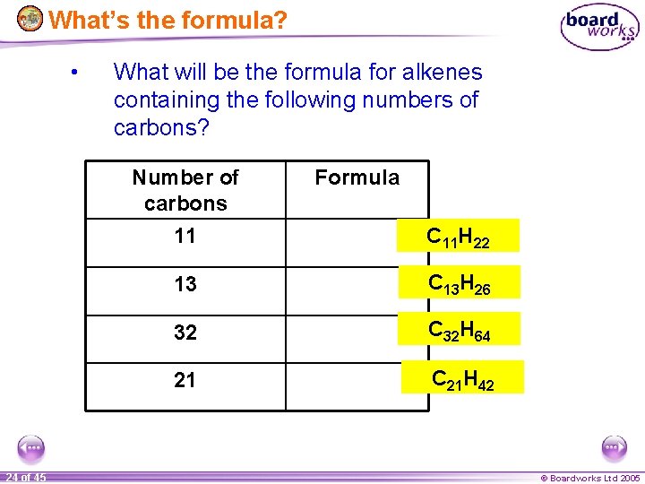 What’s the formula? • What will be the formula for alkenes containing the following