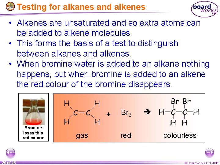 Testing for alkanes and alkenes • Alkenes are unsaturated and so extra atoms can