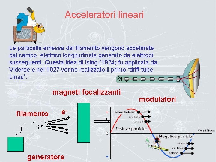 Acceleratori lineari Le particelle emesse dal filamento vengono accelerate dal campo elettrico longitudinale generato