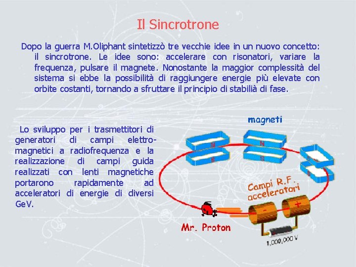 Il Sincrotrone Dopo la guerra M. Oliphant sintetizzò tre vecchie idee in un nuovo