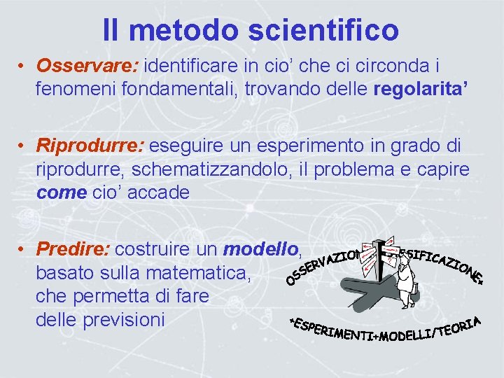 Il metodo scientifico • Osservare: identificare in cio’ che ci circonda i fenomeni fondamentali,