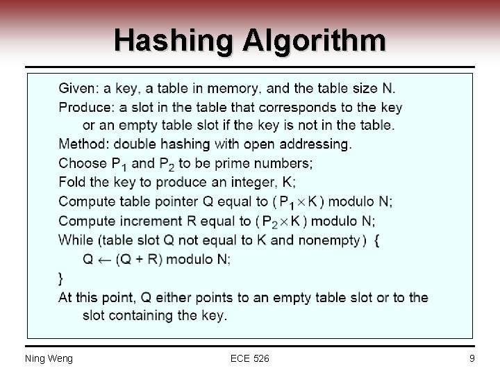 Hashing Algorithm Ning Weng ECE 526 9 
