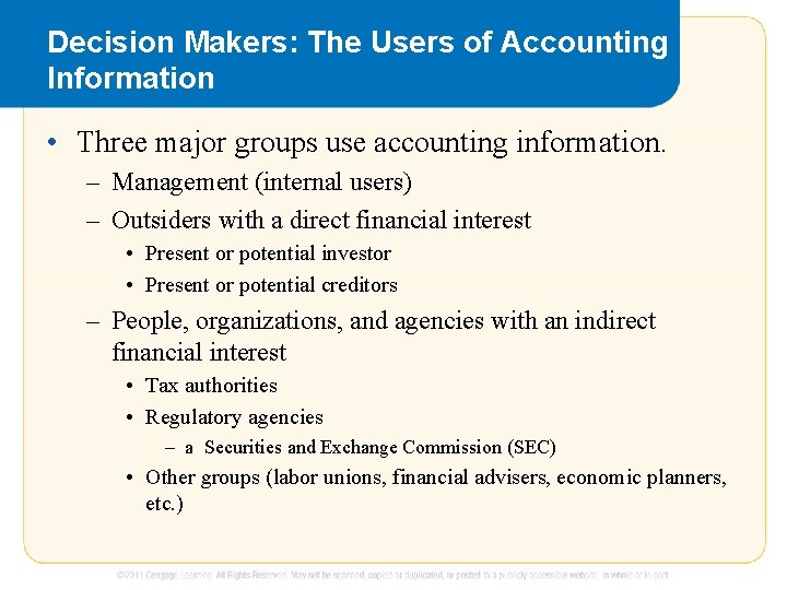 Decision Makers: The Users of Accounting Information • Three major groups use accounting information.