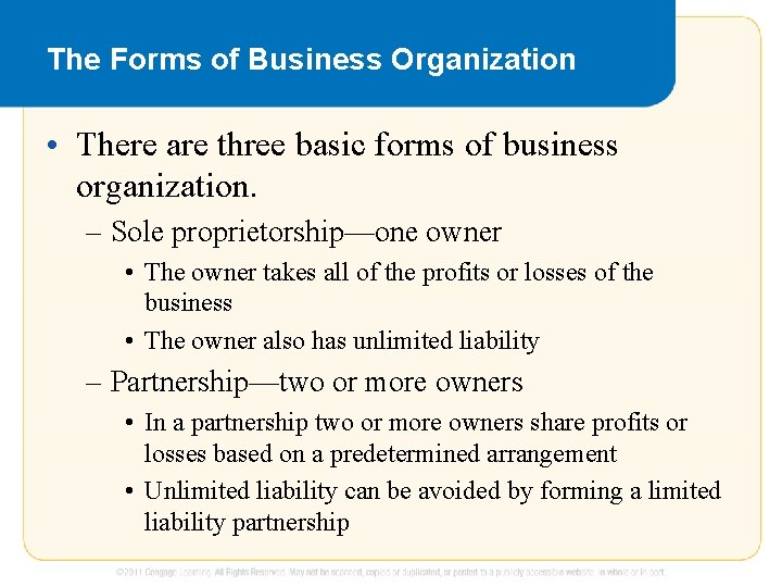 The Forms of Business Organization • There are three basic forms of business organization.