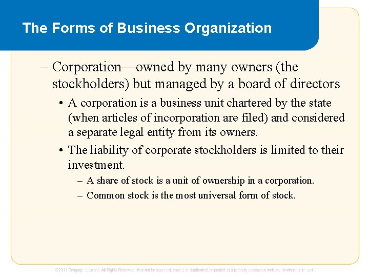 The Forms of Business Organization – Corporation—owned by many owners (the stockholders) but managed