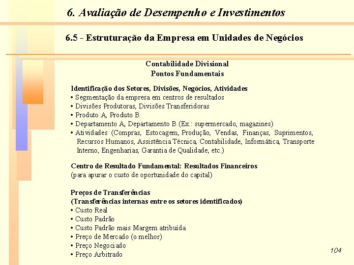 6. Avaliação de Desempenho e Investimentos 6. 5 - Estruturação da Empresa em Unidades