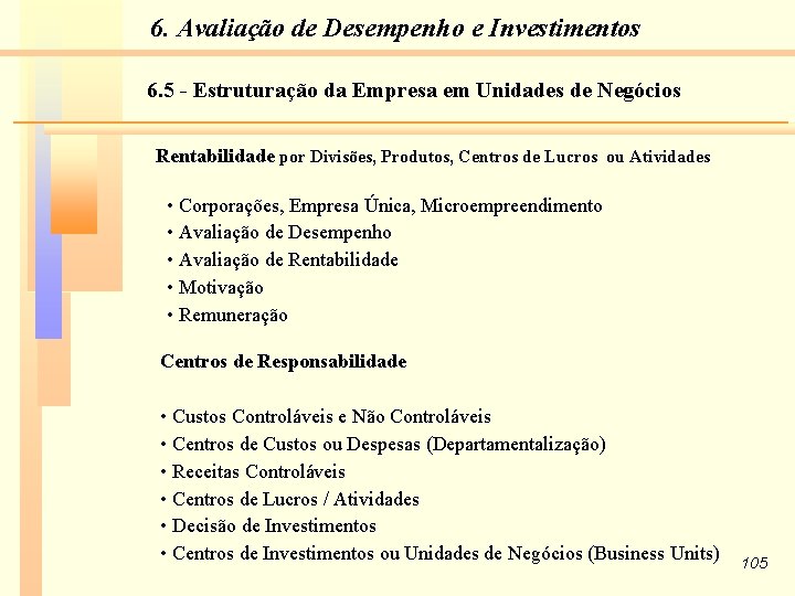 6. Avaliação de Desempenho e Investimentos 6. 5 - Estruturação da Empresa em Unidades