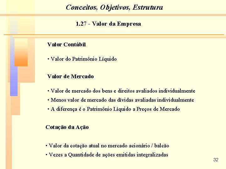 Conceitos, Objetivos, Estrutura 1. 27 - Valor da Empresa Valor Contábil • Valor do