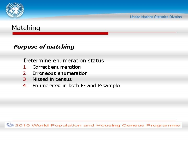 Matching Purpose of matching Determine enumeration status 1. 2. 3. 4. Correct enumeration Erroneous