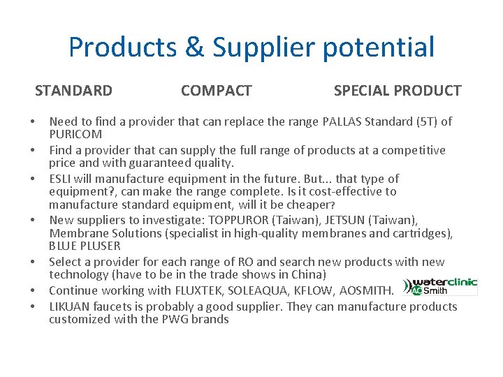 Products & Supplier potential STANDARD • • COMPACT SPECIAL PRODUCT Need to find a