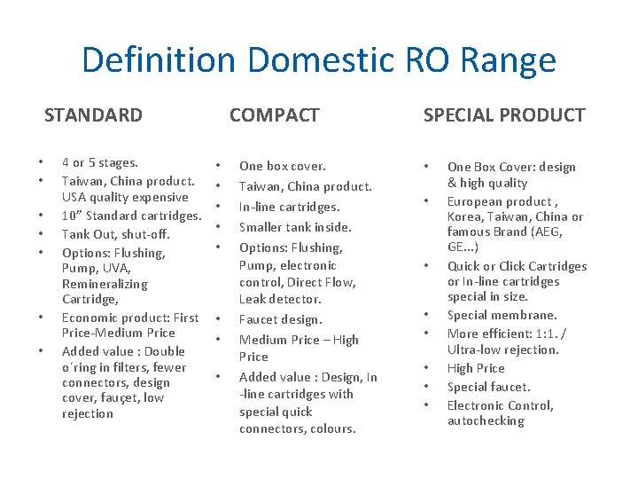 Definition Domestic RO Range STANDARD • • 4 or 5 stages. Taiwan, China product.