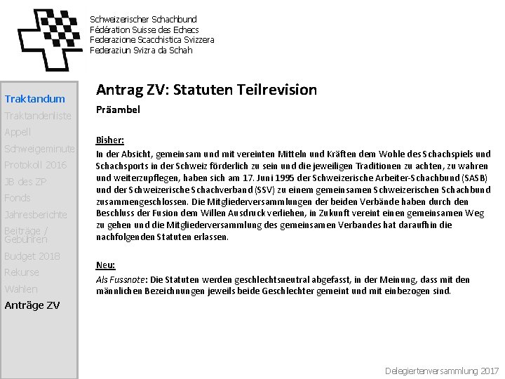 Schweizerischer Schachbund Fédération Suisse des Echecs Federazione Scacchistica Svizzera Federaziun Svizra da Schah Traktandum