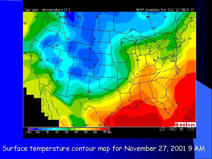 Surface temperature contour map for November 27, 2001 9 AM 