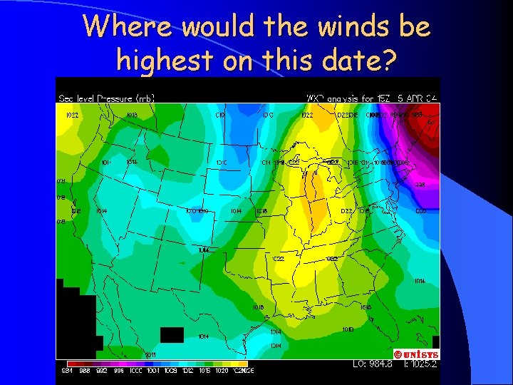 Where would the winds be highest on this date? 