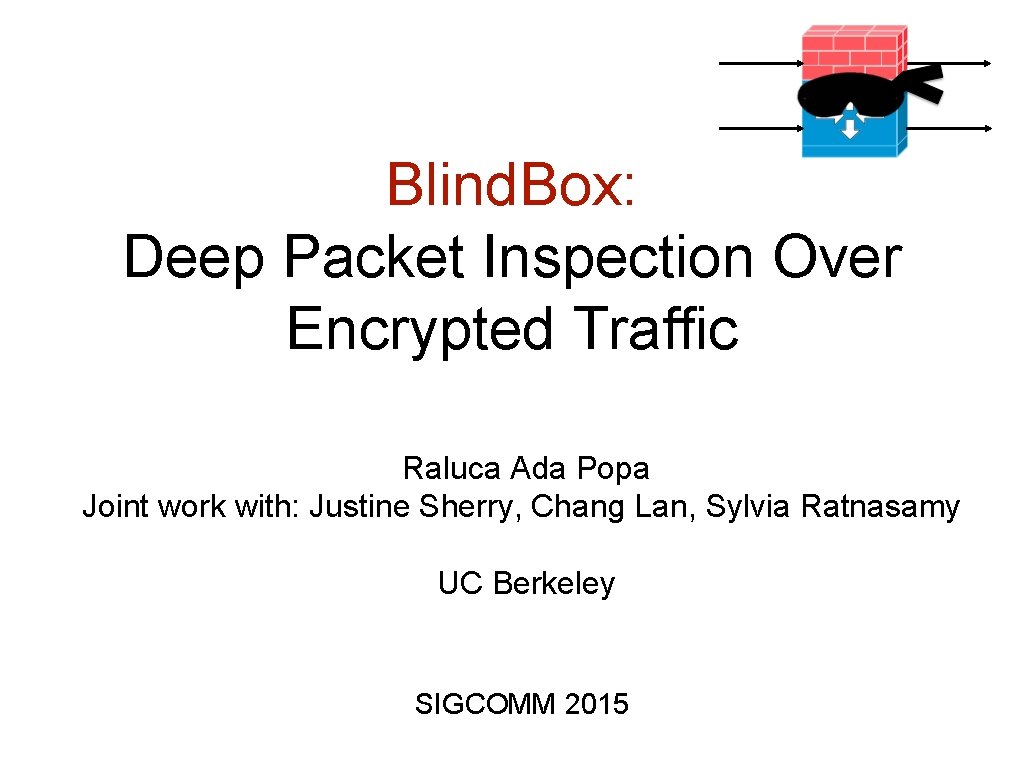 Blind. Box: Deep Packet Inspection Over Encrypted Traffic Raluca Ada Popa Joint work with:
