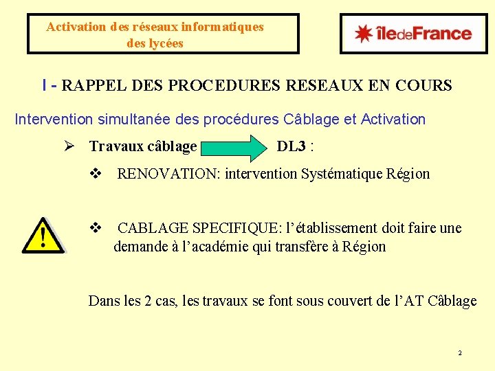 Activation des réseaux informatiques des lycées I - RAPPEL DES PROCEDURES RESEAUX EN COURS