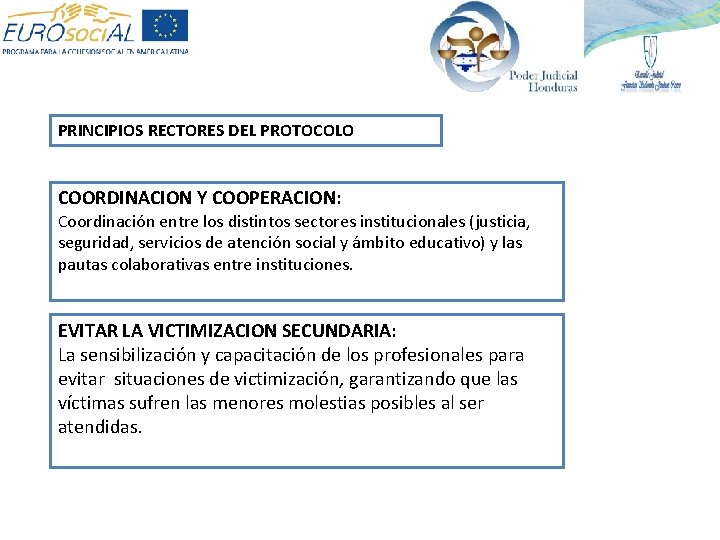 PRINCIPIOS RECTORES DEL PROTOCOLO COORDINACION Y COOPERACION: Coordinación entre los distintos sectores institucionales (justicia,