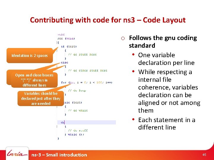 Contributing with code for ns 3 – Code Layout Identation is 2 spaces Each