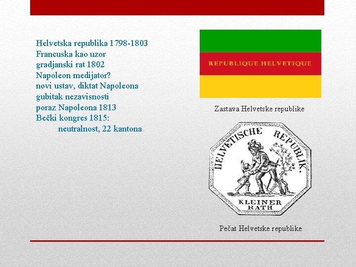 Helvetska republika 1798 -1803 Francuska kao uzor gradjanski rat 1802 Napoleon medijator? novi ustav,