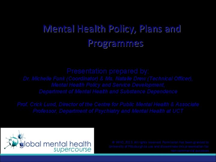 Mental Health Policy, Plans and Programmes Presentation prepared by: Dr. Michelle Funk (Coordinator) &
