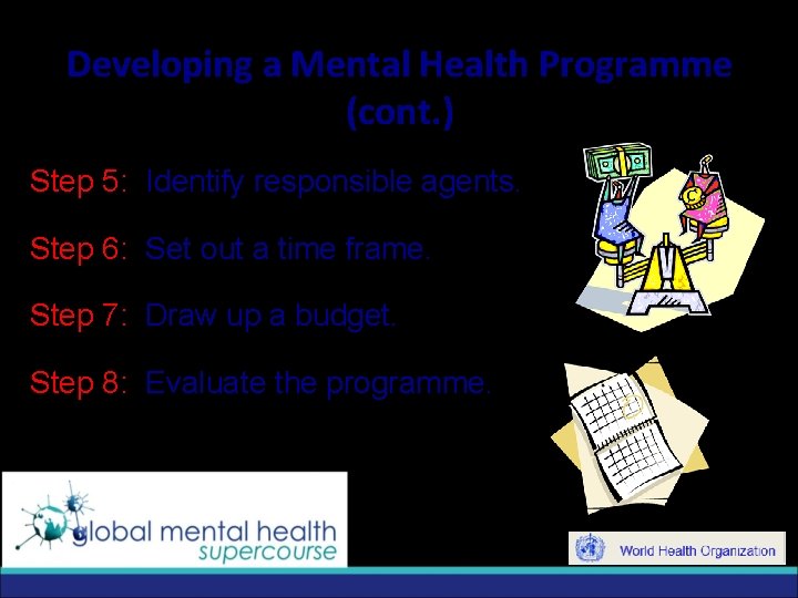 Developing a Mental Health Programme (cont. ) Step 5: Identify responsible agents. Step 6: