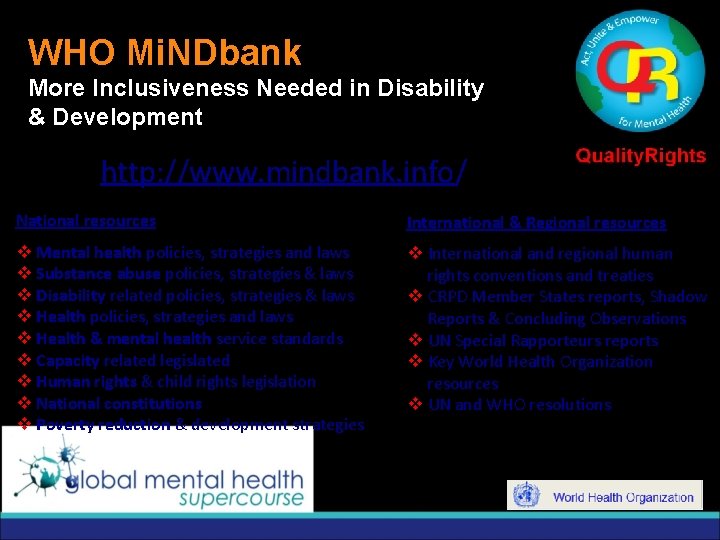 WHO Mi. NDbank More Inclusiveness Needed in Disability & Development http: //www. mindbank. info/