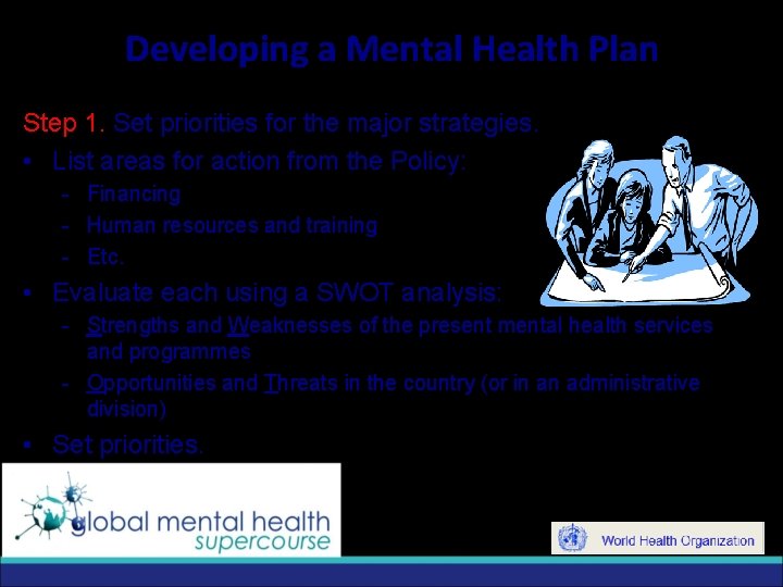 Developing a Mental Health Plan Step 1. Set priorities for the major strategies. •